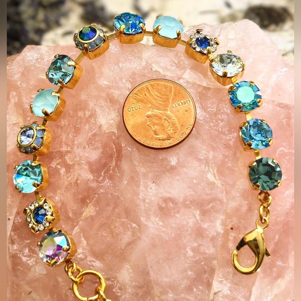 Aquamarine Light Blue Flower Crystals AB In Classic Tennis Gold Plated Bracelet - Picture 7 of 7